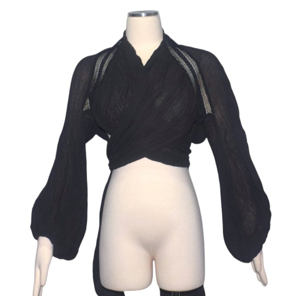 Miguelina Black Cotton Gauze Long Sleeve Wrap Top Boho Resort wear Vacation S